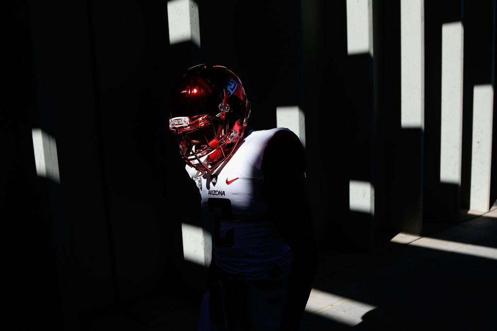 TEMPE, AZ - NOVEMBER 21:  Wide receiver Tyrell Johnson #2 of the Arizona Wildcats walks out onto the field before the college football game against the Arizona State Sun Devils at Sun Devil Stadium on November 21, 2015 in Tempe, Arizona.  (Photo by Christian Petersen/Getty Images)